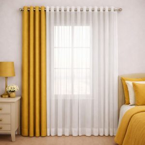پرده آماده پانچی 1.5 متری حریر ساده با کناره کتان خردلی (kr-811) کد (p)P025