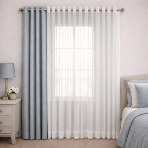 پرده آماده پانچی 1.5 متری حریر ساده با کناره کتان طوسی آبی روشن (kr-827) کد (p)P033