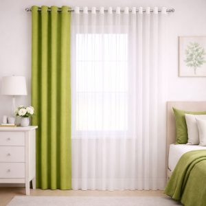 پرده آماده پانچی 1.5 متری حریر ساده با کناره کتان سبز لیمویی (kr-833) کد (p)P105