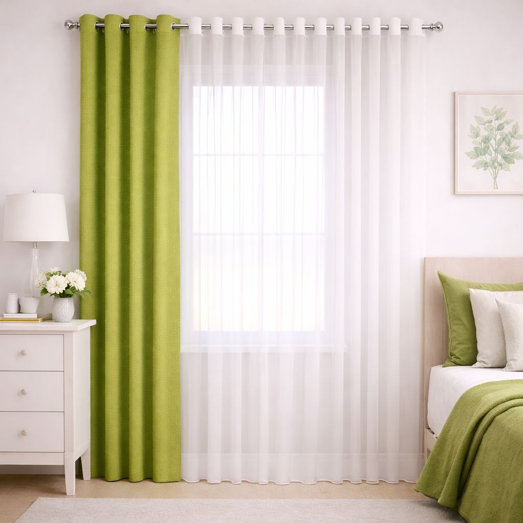 پرده آماده پانچی 1.5 متری حریر ساده با کناره کتان سبز لیمویی (kr-833) کد (p)P105