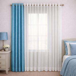 پرده آماده پانچی 1.5 متری حریر ساده با کناره کتان آبی استخری (kr-843) کد P037
