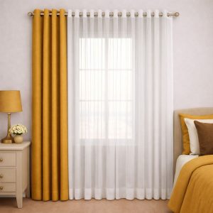 پرده آماده پانچی 1.5 متری حریر ساده با کناره کتان خردلی تیره (kr-846) کد P029