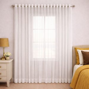 Alternative view of پرده آماده پانچی 1.5 متری حریر ساده با کناره کتان خردلی تیره (kr-846) کد P029
