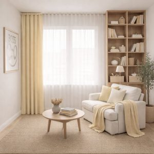 پرده آماده مینیمال 1.5 متری حریر ساده با کناره کتان کرم وانیلی (bz-3058) کد P275