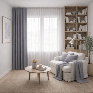پرده آماده مینیمال 1.5 متری حریر ساده با کناره کتان خاکستری دودی (bz-4054) کد P311