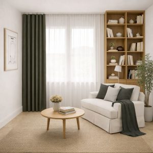 پرده آماده مینیمال 1.5 متری حریر ساده با کناره کتان زیتونی تیره (bz-4530) کد (p)P247