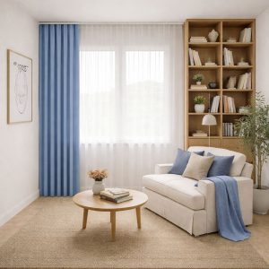 پرده آماده مینیمال 1.5 متری حریر ساده با کناره کتان آبی پاستیلی (bz-5043) کد P191