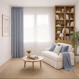 پرده آماده مینیمال 1.5 متری حریر ساده با کناره کتان آبی پاستیلی روشن (bz-5044) کد P235