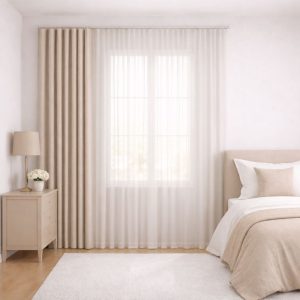 پرده آماده مینیمال 1.5 متری حریر ساده با کناره کتان بژ صورتی (kr-815) کد (p)P115