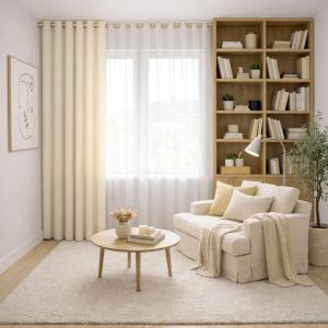 پرده آماده پانچی 1.5 متری حریر ساده با کناره کتان کرم وانیلی (bz-3058) کد P273