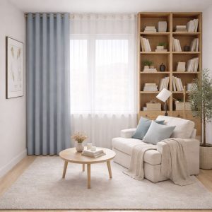 پرده آماده پانچی 1.5 متری حریر ساده با کناره کتان طوسی آبی (bz-4058) کد (p)P269