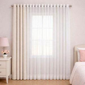 پرده آماده پانچی 1.5 متری حریر ساده با کناره کتان کرم استخوانی (kr-801) کد P005