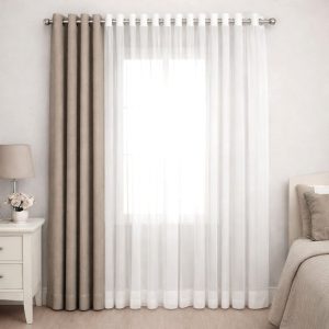 پرده آماده پانچی 1.5 متری حریر ساده با کناره کتان بژ طوسی روشن (kr-802) کد (p)P009