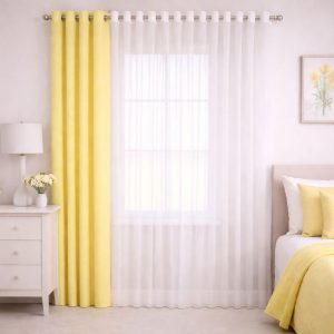 پرده آماده پانچی 1.5 متری حریر ساده با کناره کتان زرد لیمویی روشن (kr-809) کد P077