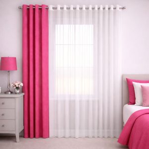 پرده آماده پانچی 1.5 متری حریر ساده با کناره کتان صورتی کالباسی (kr-814) کد P057
