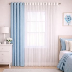پرده آماده پانچی 1.5 متری حریر ساده با کناره کتان آبی آسمانی (kr-824) کد (p)P093