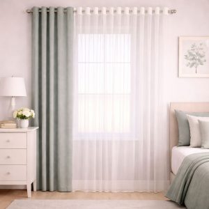 پرده آماده پانچی 1.5 متری حریر ساده با کناره کتان طوسی سبز (kr-828) کد (p)P109