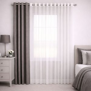 پرده آماده پانچی 1.5 متری حریر ساده با کناره کتان طوسی دودی (kr-832) کد P061