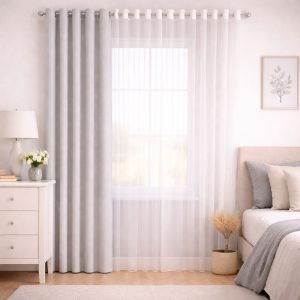 پرده آماده پانچی 1.5 متری حریر ساده با کناره کتان نقره‌ای روشن (kr-840) کد P153