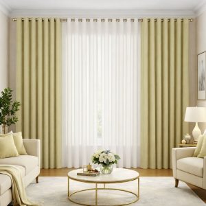 پرده آماده پانچی 3 متری حریر ساده با کناره کتان موکا روشن 807 (kr) کد (p)P014
