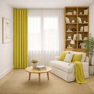 پرده آماده مینیمال 1.5 متری حریر ساده با کناره کتان کرم لیمویی (bz-3026) کد P243