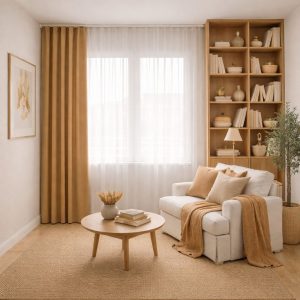 پرده آماده مینیمال 1.5 متری حریر ساده با کناره کتان شتری روشن (bz-3054) کد (p)P307