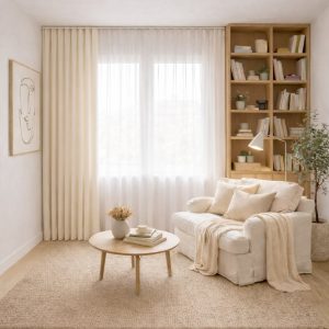 پرده آماده مینیمال 1.5 متری حریر ساده با کناره کتان شیری استخوانی (bz-3114) کد P167