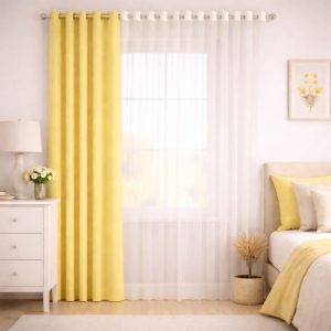 پرده آماده پانچی 1.5 متری حریر ساده با کناره کتان لیمویی (kr-810) کد (p)P141