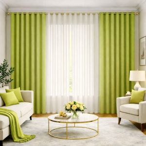 پرده آماده پانچی 3 متری حریر ساده با کناره کتان سبز لیمویی (kr-833) کد P106