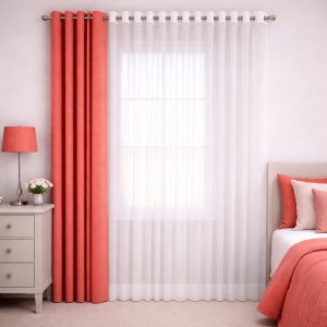 پرده آماده پانچی 1.5 متری حریر ساده با کناره کتان قرمز مرجانی (kr-820) کد P053