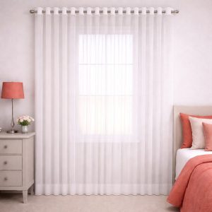 Alternative view of پرده آماده پانچی 1.5 متری حریر ساده با کناره کتان قرمز مرجانی (kr-820) کد P053