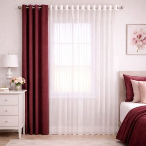 پرده آماده پانچی 1.5 متری حریر ساده با کناره کتان زرشکی تیره (kr-822) کد P089