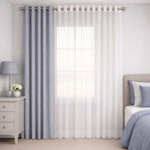 پرده آماده پانچی 1.5 متری حریر ساده با کناره کتان طوسی آبی (kr-826) کد (p)P065
