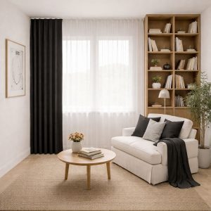 پرده آماده مینیمال 1.5 متری حریر ساده با کناره کتان مشکی مات (bz-9500) کد P223