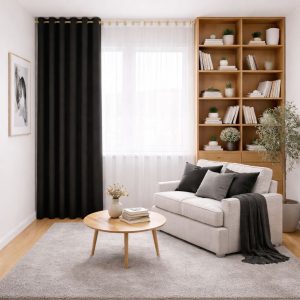 پرده آماده پانچی 1.5 متری حریر ساده با کناره کتان مشکی مات (bz-9500) کد (p)P221