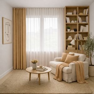 پرده آماده مینیمال 1.5 متری حریر ساده با کناره کتان کرم گرم (bz-3113) کد P335