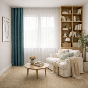 پرده آماده مینیمال 1.5 متری حریر ساده با کناره شنل آبی اقیانوسی تیره (bz-136) کد (p)P503