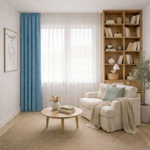 پرده آماده مینیمال 1.5 متری حریر ساده با کناره شنل آبی دریایی روشن (bz-137) کد P419