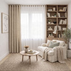 پرده آماده پانچی 1.5 متری حریر ساده با کناره شنل ماسه‌ای روشن (bz-106) کد (p)P513