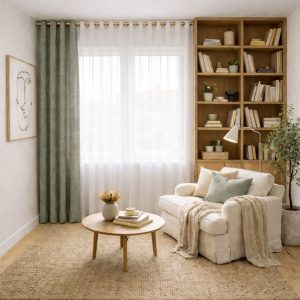 پرده آماده پانچی 1.5 متری حریر ساده با کناره شنل سبز طوسی (bz-130) کد P389