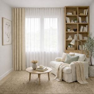 پرده آماده مینیمال 1.5 متری حریر ساده با کناره شنل کرم استخوانی روشن (bz-102) کد (p)P455