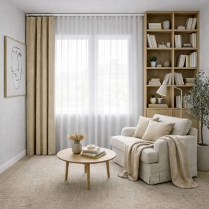 پرده آماده مینیمال 1.5 متری حریر ساده با کناره شنل بژ روشن (bz-103) کد P371