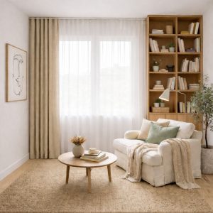 پرده آماده مینیمال 1.5 متری حریر ساده با کناره شنل ماسه‌ای روشن (bz-106) کد P515