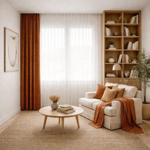 پرده آماده مینیمال 1.5 متری حریر ساده با کناره شنل قهوه‌ای آجری (bz-114) کد P399