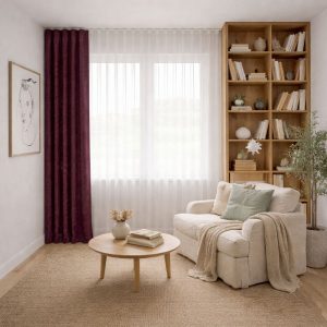 پرده آماده مینیمال 1.5 متری حریر ساده با کناره شنل شرابی تیره (bz-119) کد P427
