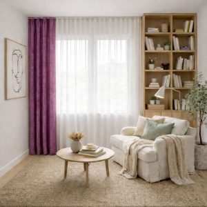 پرده آماده مینیمال 1.5 متری حریر ساده با کناره شنل ارغوانی روشن (bz-123) کد P451