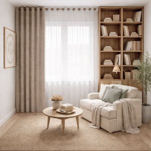 پرده آماده پانچی 1.5 متری حریر ساده با کناره شنل کرم خاکی (bz-128) کد (p)P493