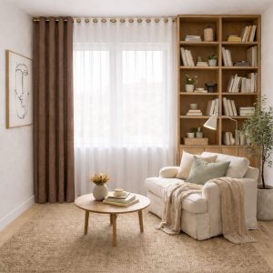 پرده آماده پانچی 1.5 متری حریر ساده با کناره شنل قهوه‌ای خاکی (bz-129) کد (p)P409