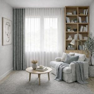 پرده آماده مینیمال 1.5 متری حریر ساده با کناره شنل سبز طوسی (bz-130) کد P391