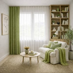 پرده آماده مینیمال 1.5 متری حریر ساده با کناره شنل سبز زیتونی (bz-132) کد P467
